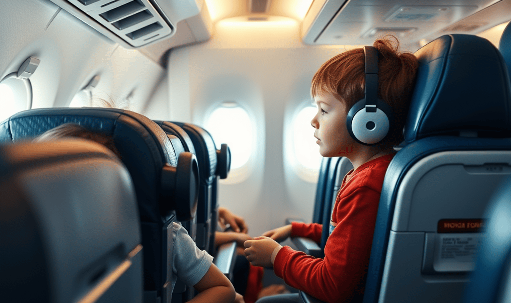 Child in an airplane cabin with headphones, symbolizing modern air travel and quality airline tickets.