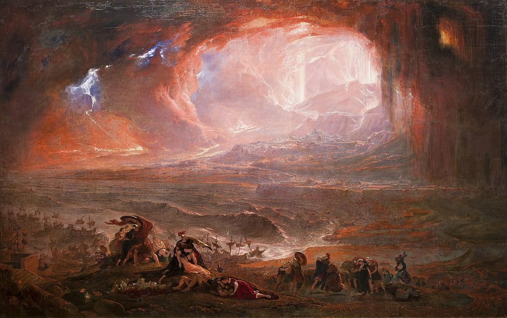 An epic, large-scale painting by John Martin depicting the catastrophic eruption of Mount Vesuvius, 