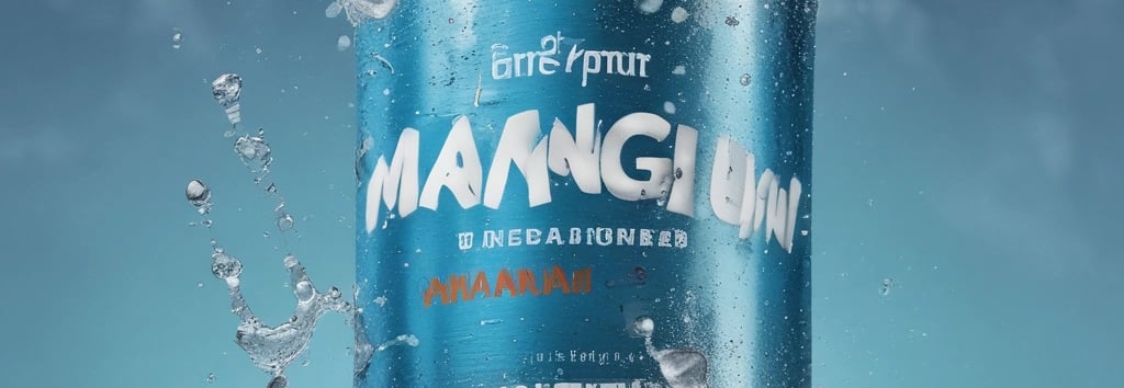 A water can is suspended in mid-air. The can has the label 'WATER DROPS' and appears to be covered in condensation or droplets, giving a refreshing and cool appearance. The background is a plain, light color, emphasizing the can.