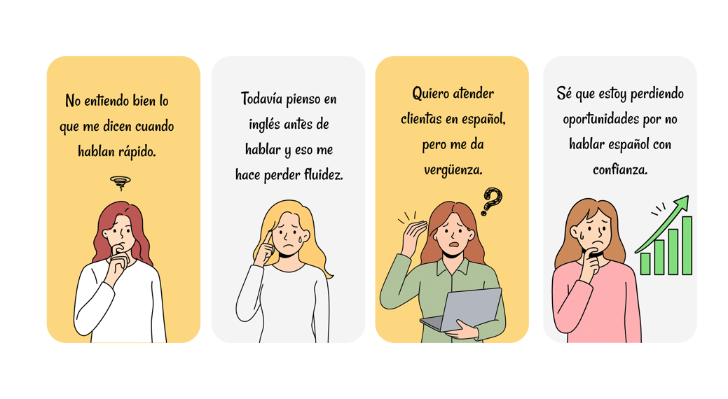 Mujeres que representan dificultades comunes al hablar español: no entender a perder oportunidades