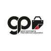 Impresión digital del logotipo de Great Packaging International Corporation con diseño moderno en negro, rojo y blanco, ideal