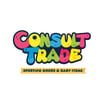 Logo colorido de Consult Trade con letras tipo caricatura y cinta amarilla que dice "Sporting Goods & Baby Items"; diseño ide