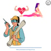 A cartoon image of a man holding a walkie-talkie and a large pipe, with a woman doing yoga in the ba