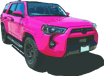 Hot pink Toyota 4Runner SUV, customized with vibrant color wrap to give it a feminine aesthetic. 