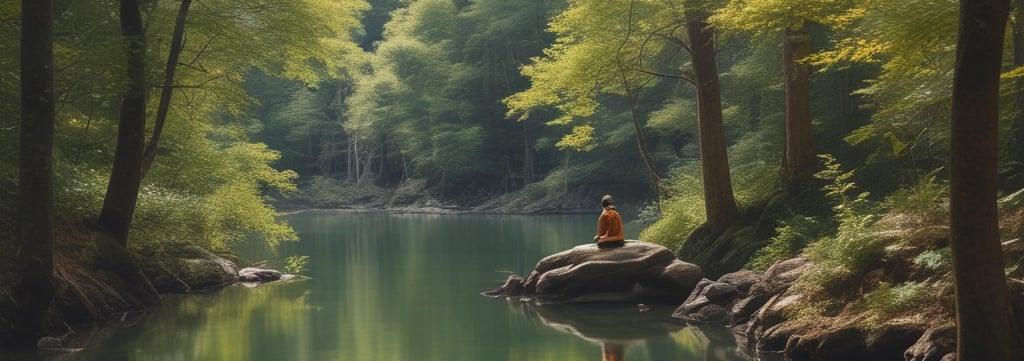 A man is meditating with his eyes closed near a tranquil stream. He is shirtless and wearing a beaded necklace and a colorful bracelet, standing amidst a natural, rocky environment with greenery.