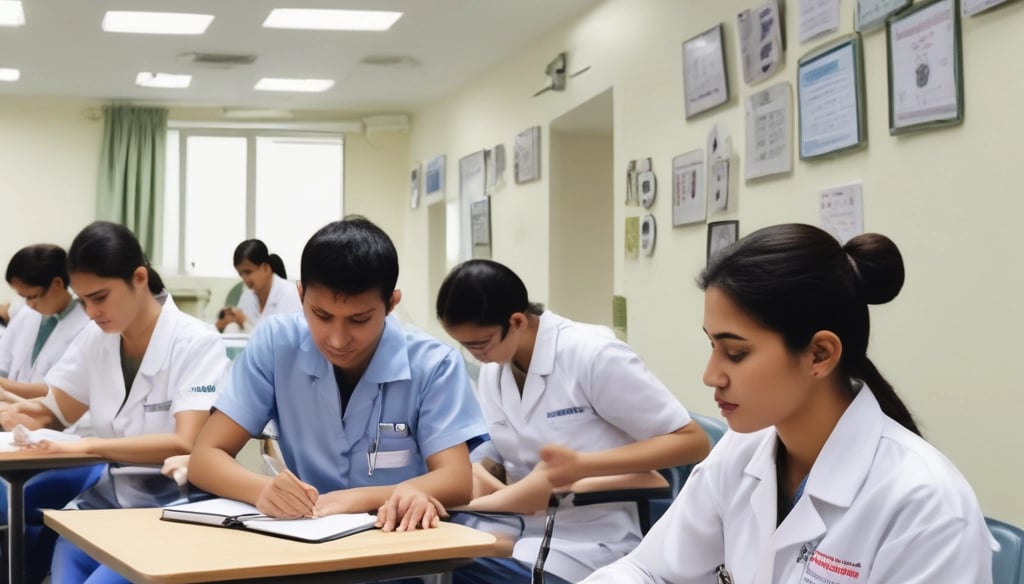 a group of people sitting at desks in a classroom
