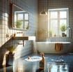Ein helles und sauberes Badezimmer mit glänzenden Fliesen, einem Waschbecken, das gerade gereinigt