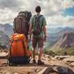 a man standing on a mountain top with a backpack