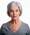 a woman with a gray hair and a gray top