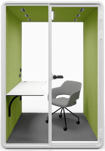 Type T-03: Two-person pod with wide desk and office chair, green walls and ceiling lighting
