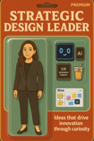 A toy action figurine package with UX accessories with the title "Strategic Design Leader".