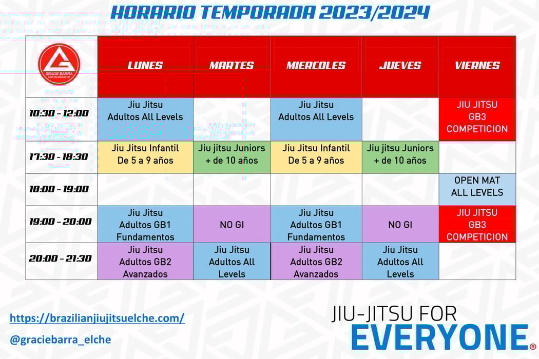 Table con el horario de clases de nuestra escuela de jiu jitsu en elche