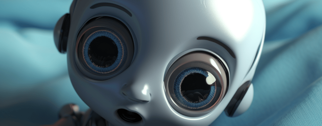 a robot toy sitting on a bed with a blue blanket