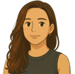 A cartoon representation of a woman {me} with long brown hair and a black top