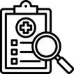 an icon of a clipboard and a magnifying glass