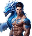 a male model with a blue dragon tattoo on his chest