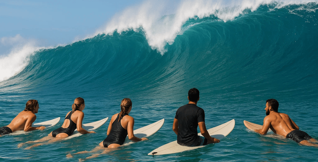 Des surfeurs attendent une vague pour la journée mondiale du surf