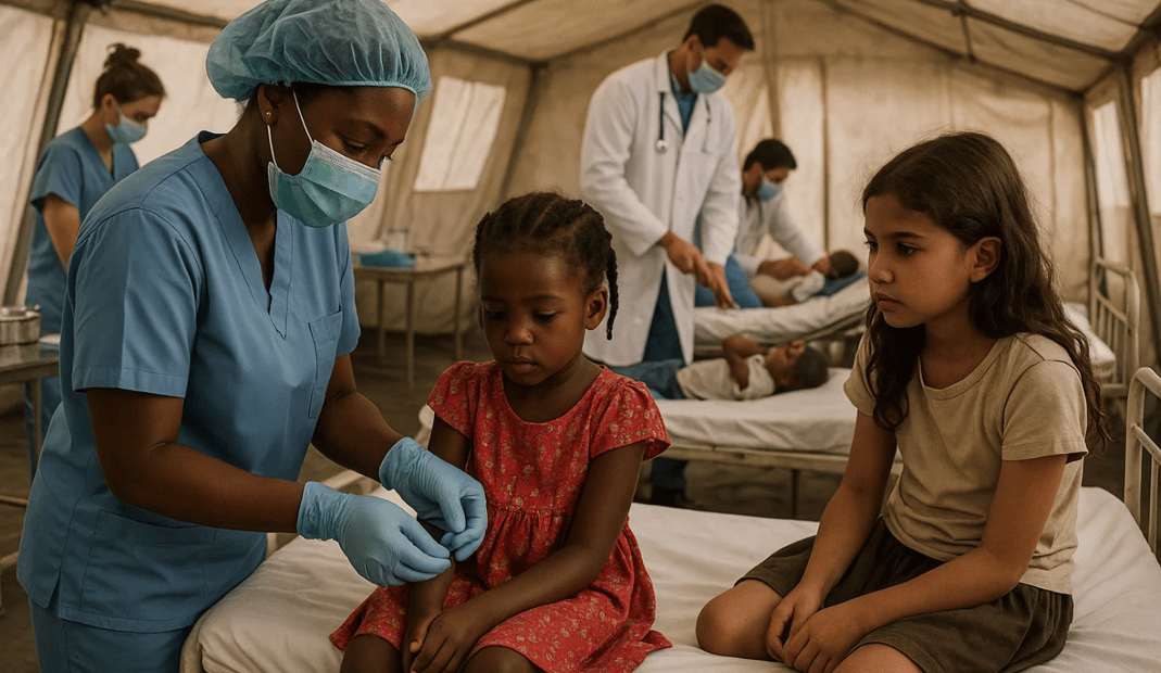 Des filles se font soigner par des médecins