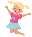 Colorful, smiling cartoon girl jumping and celebrating