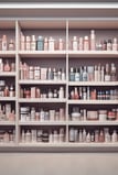 A modern, well-lit retail space with sleek white display counters and shelves. The ceiling features contemporary lighting fixtures, and the space incorporates wood and stone accents. Products are neatly arranged on the shelves, and promotional signs are visible.