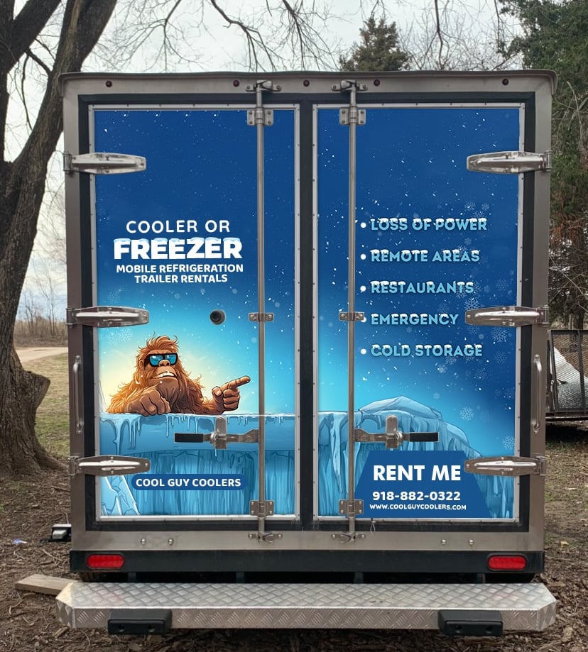 Back doors of a Cool Guy Coolers trailer used for emergency cold storage during power outages
