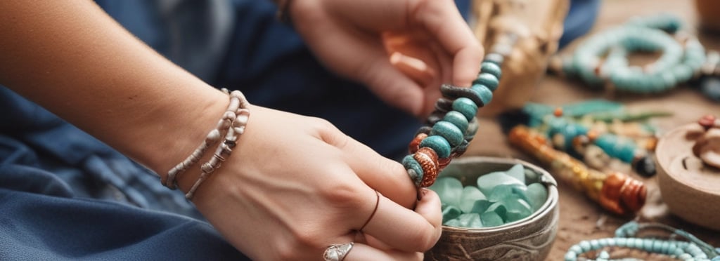 Colorful handmade necklaces and bracelets hang from a metal frame next to a sandy beach. The frame is part of an old bicycle wheel, and the strands vary in color, including vibrant yellows, oranges, pinks, and blues.