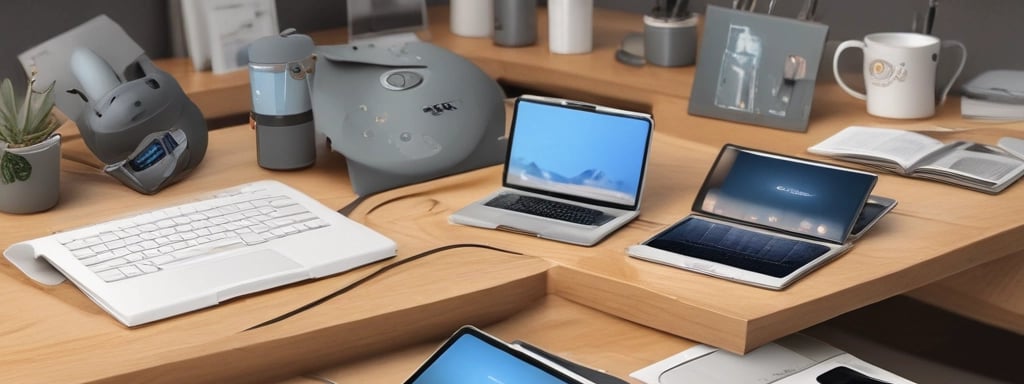 An open empty notebook on a white desk next to an iPhone and a MacBook