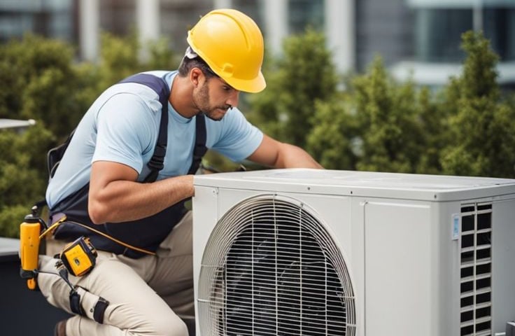 a man in a helmet and safety gear is working on a roof top