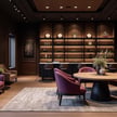 diseno de restaurant con sofas y mesas de madera
