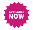 An eighteen point deep pink star with white text that says Available Now