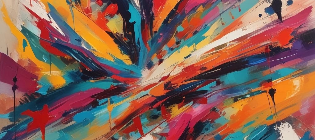 An abstract painting featuring a vibrant mix of colors and textures with bold blue strokes and speckles of glitter. White and brown patches overlap, creating a dynamic contrast against the dark background. Splashes of yellow and hints of green add vibrancy, while fluid shapes create a sense of movement.