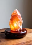 Soft glowing salt lamp with dimmer switch on a wooden tray