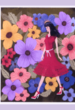 a woman in a red dress is standing in front of a painting of flowers