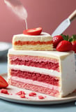Three beautifully decorated slices of cake are displayed in a well-lit setting. Each slice has a smooth, creamy texture and is topped with a layer of orange glaze, a single macaron, and a small piece of dark chocolate. The cakes rest on golden bases, emphasizing a luxurious presentation.