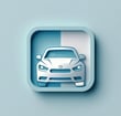 Automobilio ikona šviesiame kvadrate – profesionalaus salono valymo atvaizdas.