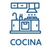 Ícono azul que representa cocina integral equipada en departamento, elemento gráfico