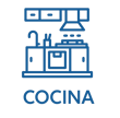 Ícono azul que representa cocina integral equipada en departamento, elemento gráfico