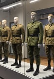 A mannequin dressed in a soldier's uniform, featuring a dark leather coat with double-breasted buttons and a matching helmet. The figure is equipped with a shoulder strap and ammunition pouches, while holding a rifle. The background includes wooden panels and a partially visible sign.