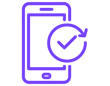 Minimalist icon of a clock encircled by an arrow with a check mark, in purple and white, representin