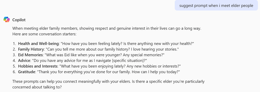conversation starters and prompts when meeting elder people during Eid gathering