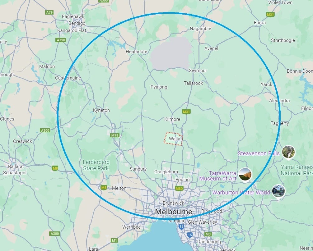 Map of the stage of Victoria circling the operating area of our mobile woodfire pizza oven