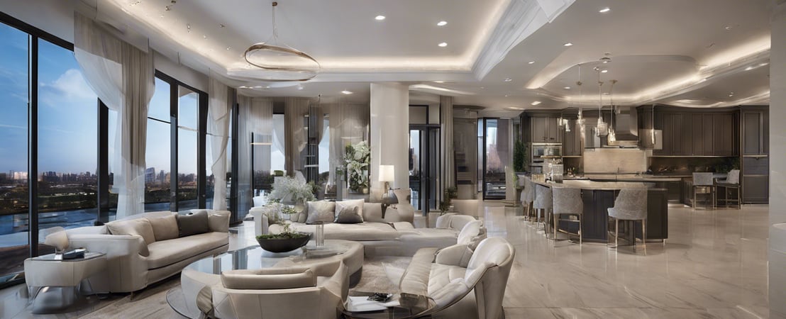 a living room with a large window and a view of the city