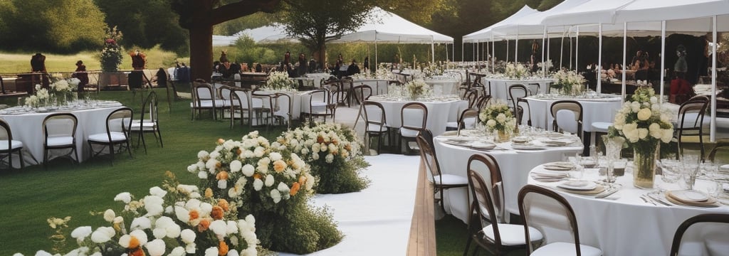 A large convention center hall arranged for an event setup with scattered boxes, crates, and equipment. There are partitions covered with white drapes, directional signs hanging from the ceiling, and yellow taped lines on the floor. A person is walking through the hall, and equipment is positioned sporadically.