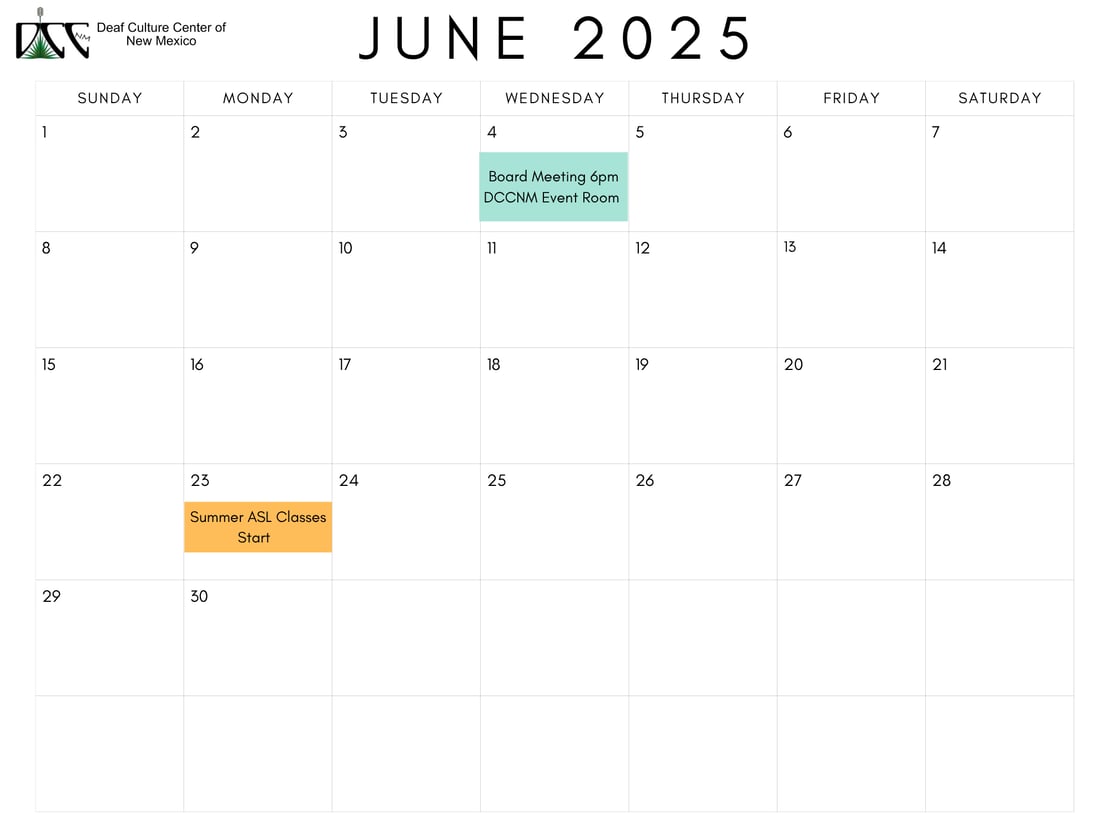 DCCNM June 2025 Event Calander, two events listed Board Meeting 6pm DCCNM Event Room on June 4th