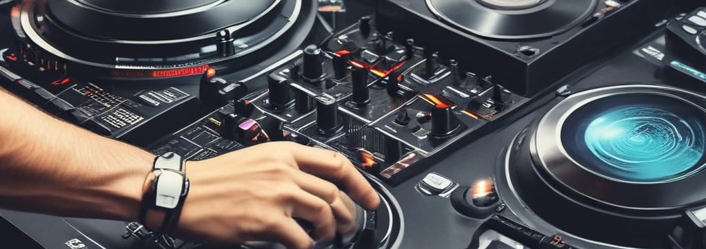 A DJ wearing a black cap and headphones stands behind a mixing console performing at an event. The DJ is dressed in a sleeveless sports jersey and leopard print shorts, with bright stage lights illuminating the scene. The background features a vibrant LED screen with abstract, geometric patterns in shades of blue and white.