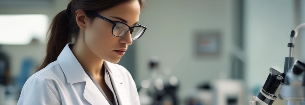A man wearing a white lab coat is sitting on a stool and looking through a microscope in a laboratory. The laboratory is equipped with various scientific instruments, books, and filing cabinets. The surroundings are tidy with neatly arranged shelves filled with books and papers.