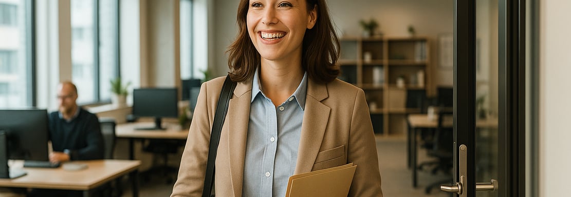 a woman find a new job in a business suit and a man in a suit
