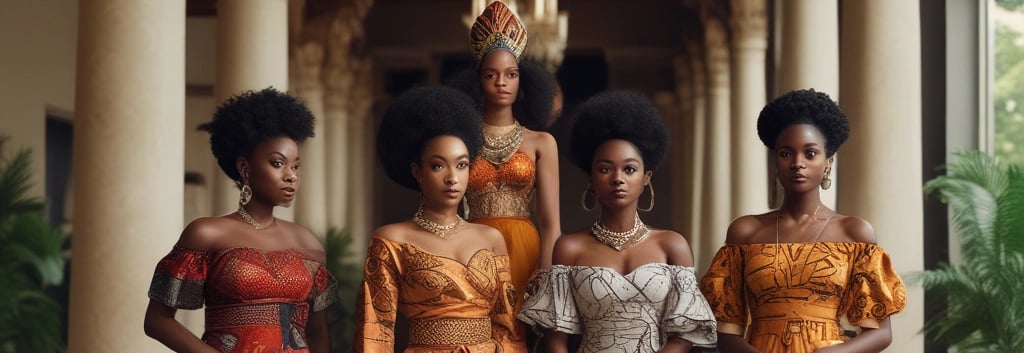 A group of six women wearing vibrant, flowing outfits stand confidently around a wooden bench in a modern indoor setting with high ceilings and large pillars. The women are posed elegantly with varied hairstyles and expressions, conveying a sense of strength and elegance.