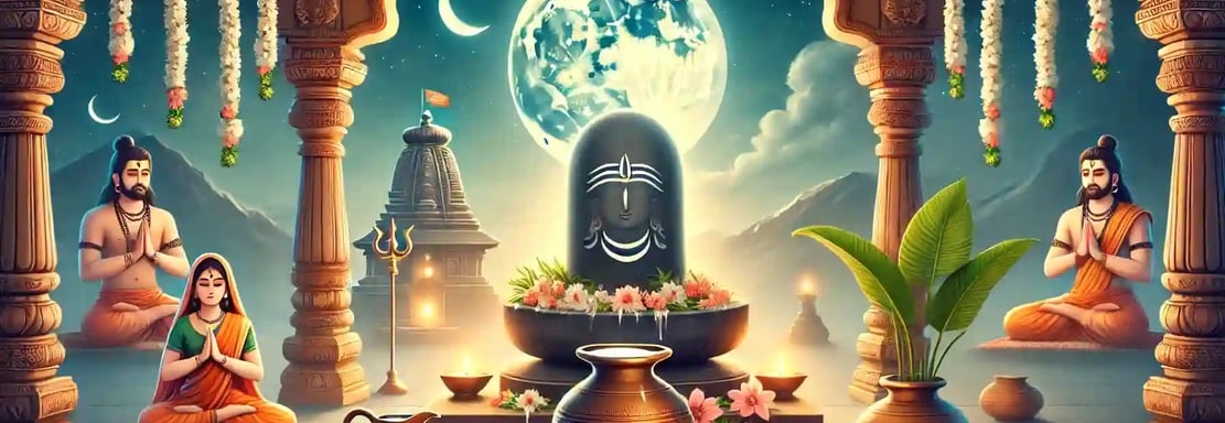Shiva Lingam with devotees in a temple setting under a full moon.