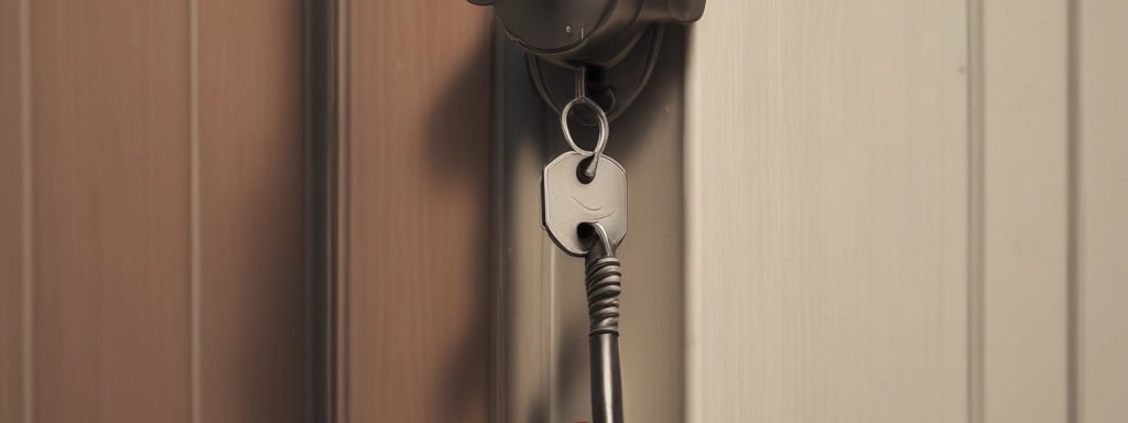 A close-up view of an old, brass padlock with the brand name and specifications engraved on its surface. The lock is attached to a metal latch and has a slightly worn appearance.